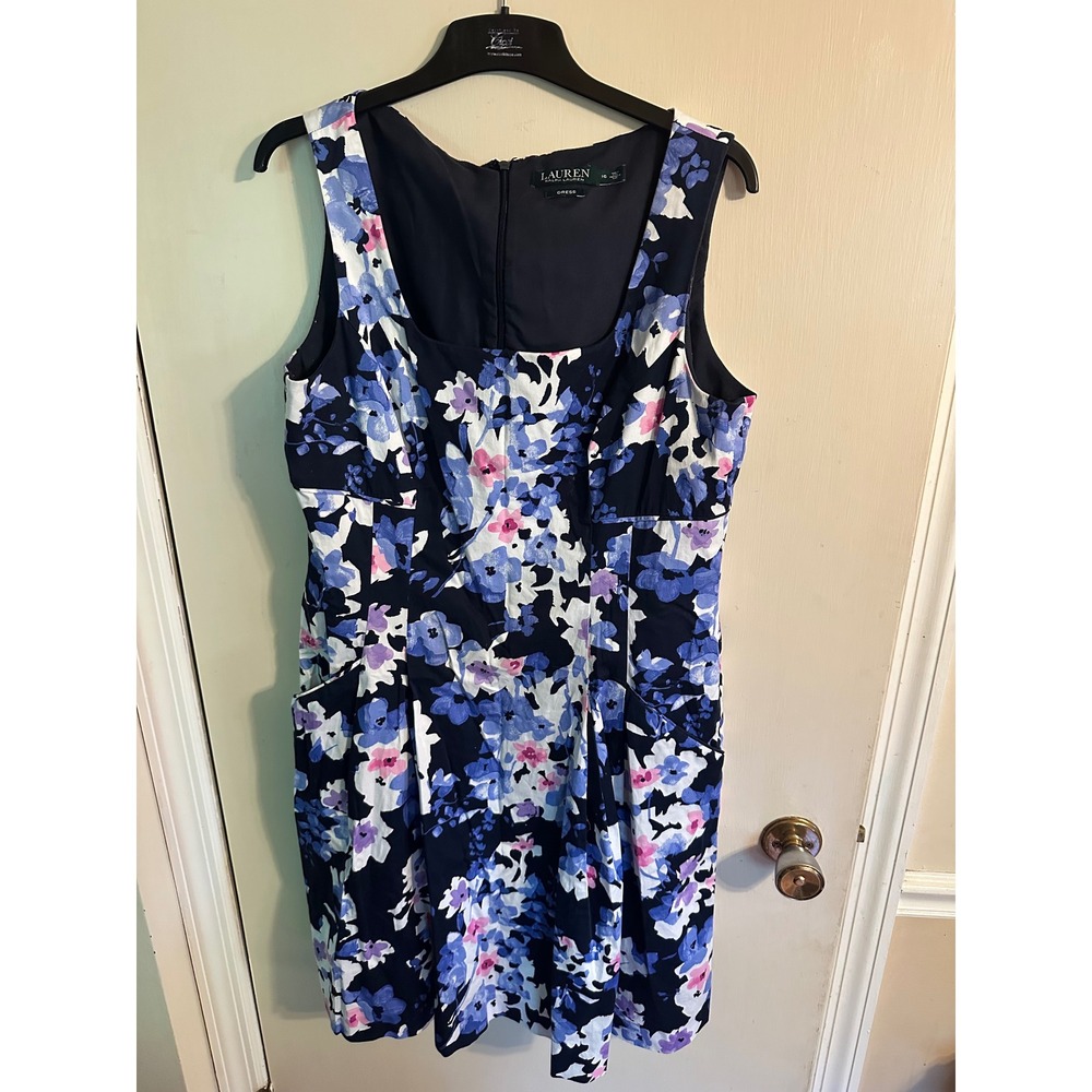 Lauren Ralph Lauren Floral Fit & Flare Dress Blue Pink Square Neck Pockets 16